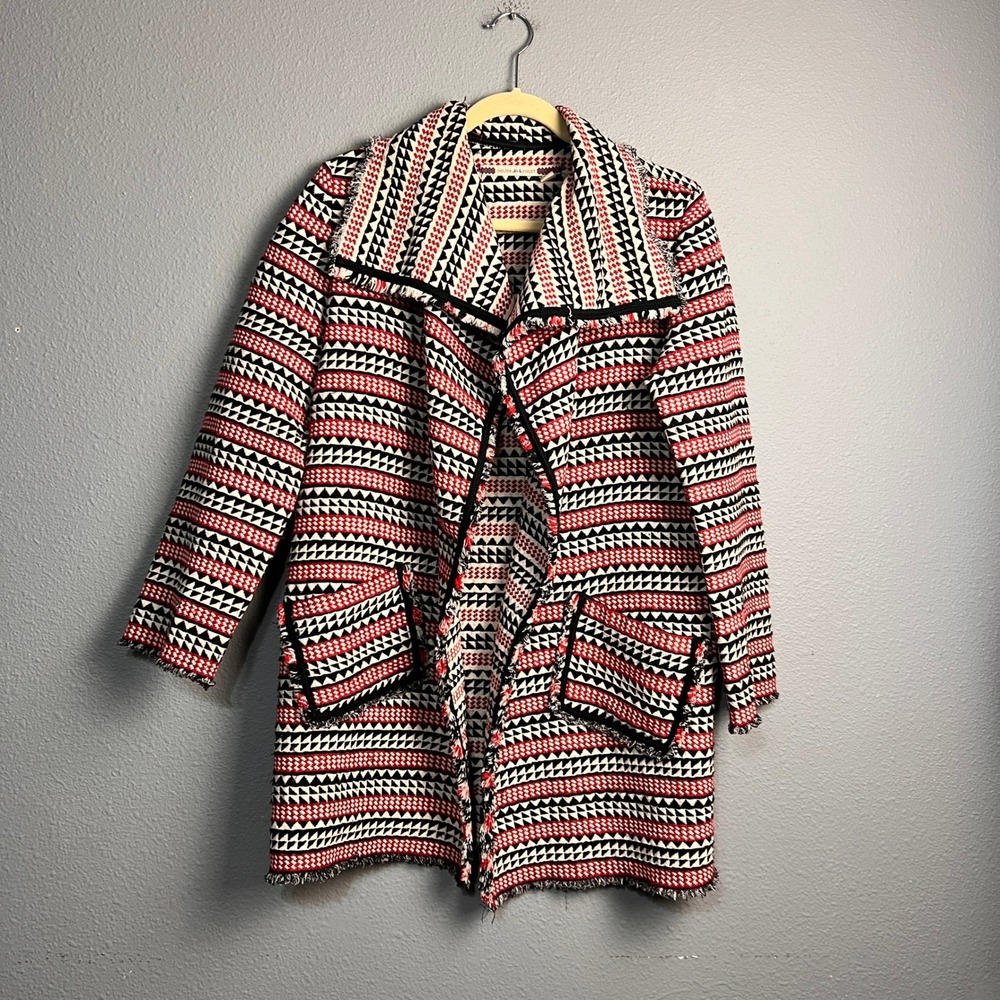 Chelsea & Violet Red Black Geometric Tribal Fringe Open Front Coat Cardigan M